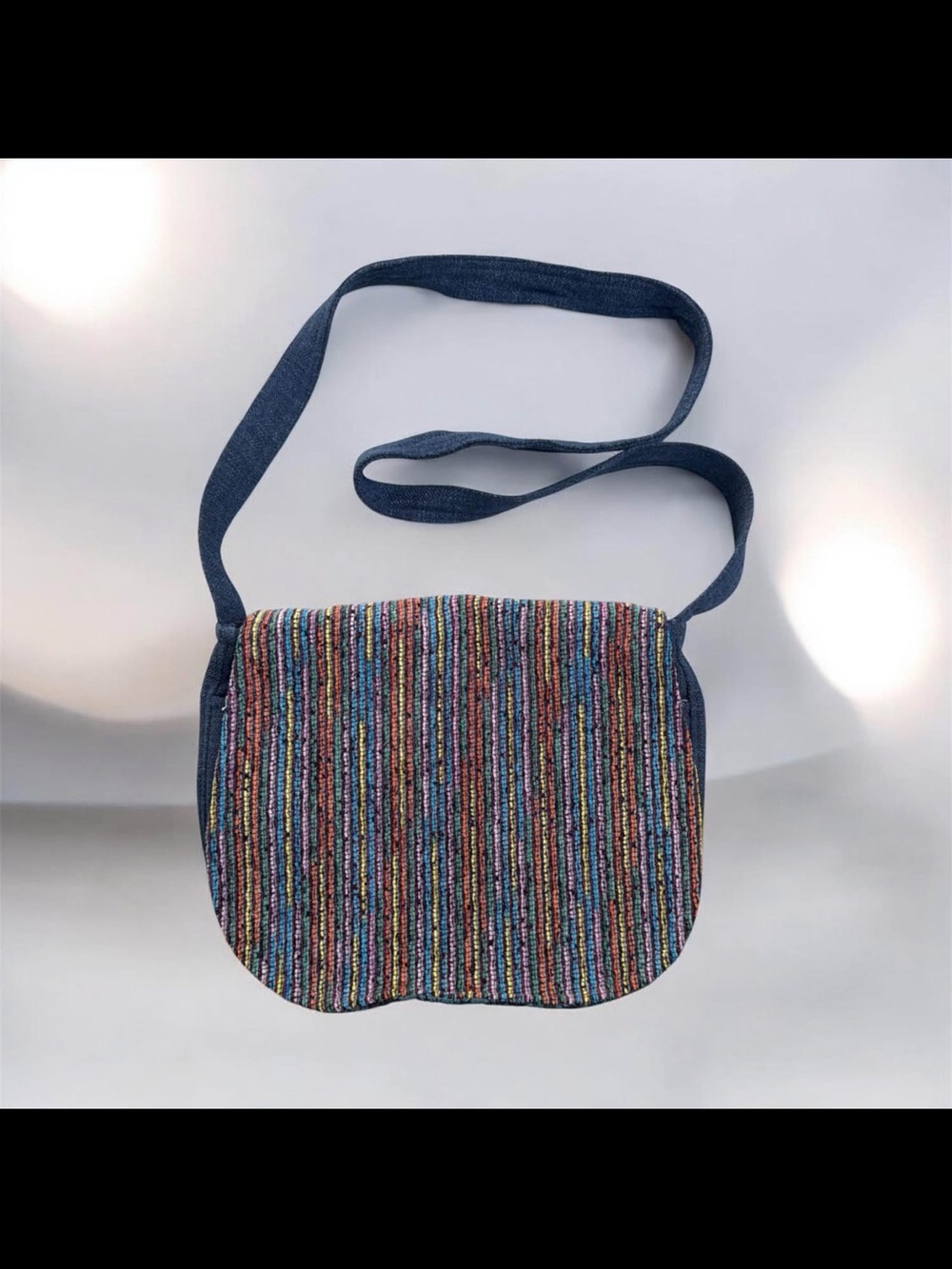 Multicolor Striped Crossbody Bag with Navy Strap - bohemian Nepal woven